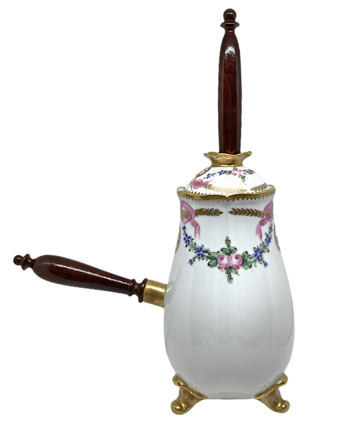 Milk jug with emulsifier, white Limoges porcelain decorated in gold and polychrome, wooden handle. 5 - Image 4 of 6