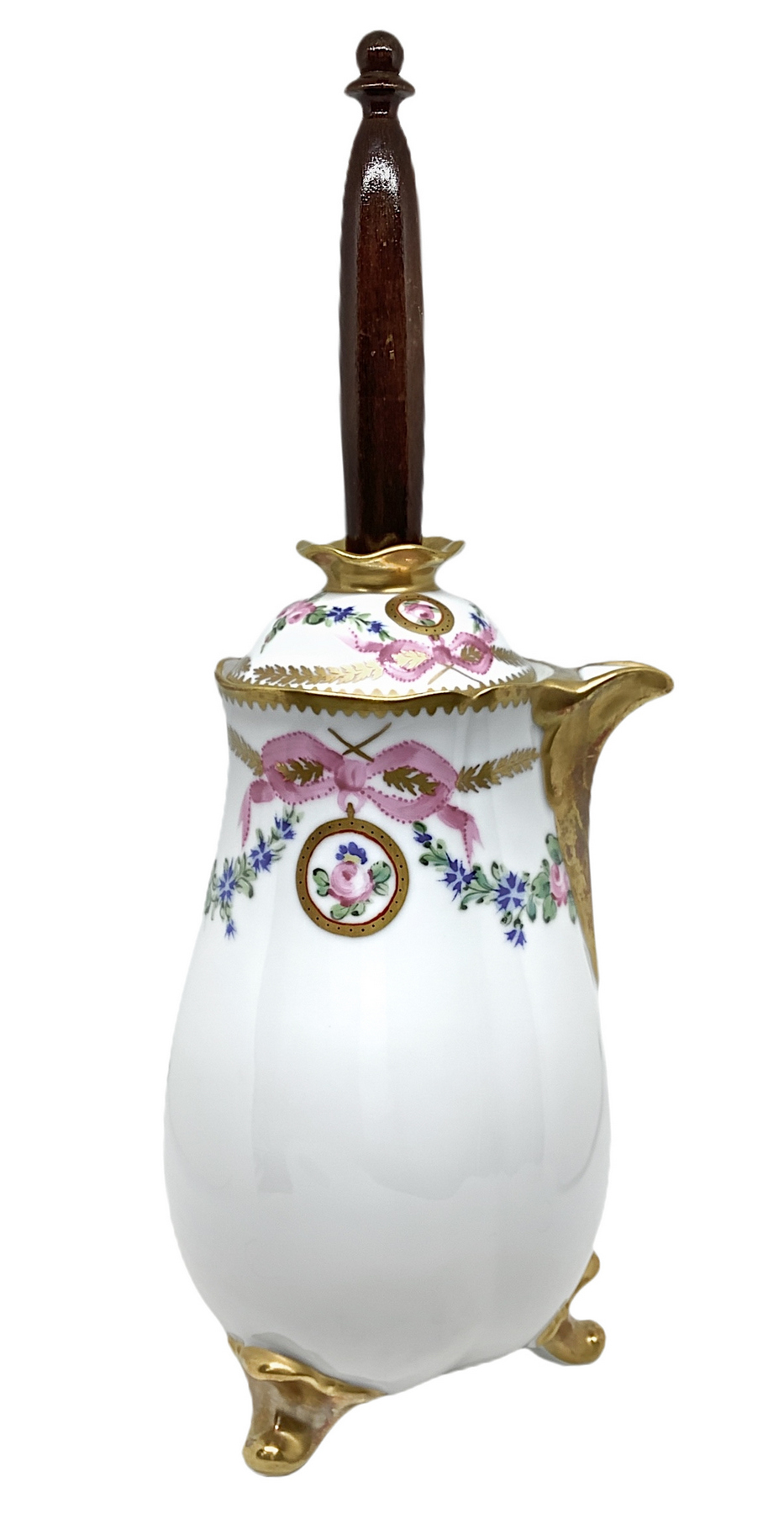 Milk jug with emulsifier, white Limoges porcelain decorated in gold and polychrome, wooden handle. 5 - Image 3 of 6