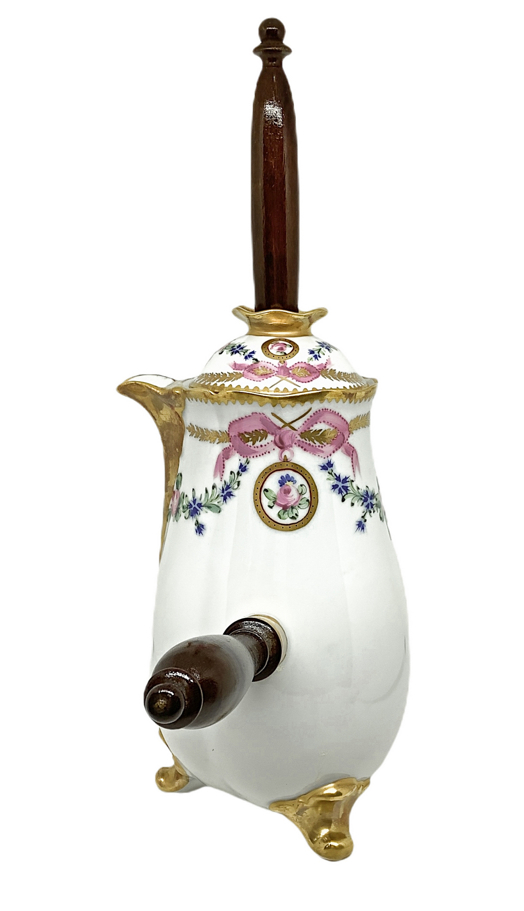 Milk jug with emulsifier, white Limoges porcelain decorated in gold and polychrome, wooden handle. 5 - Image 2 of 6