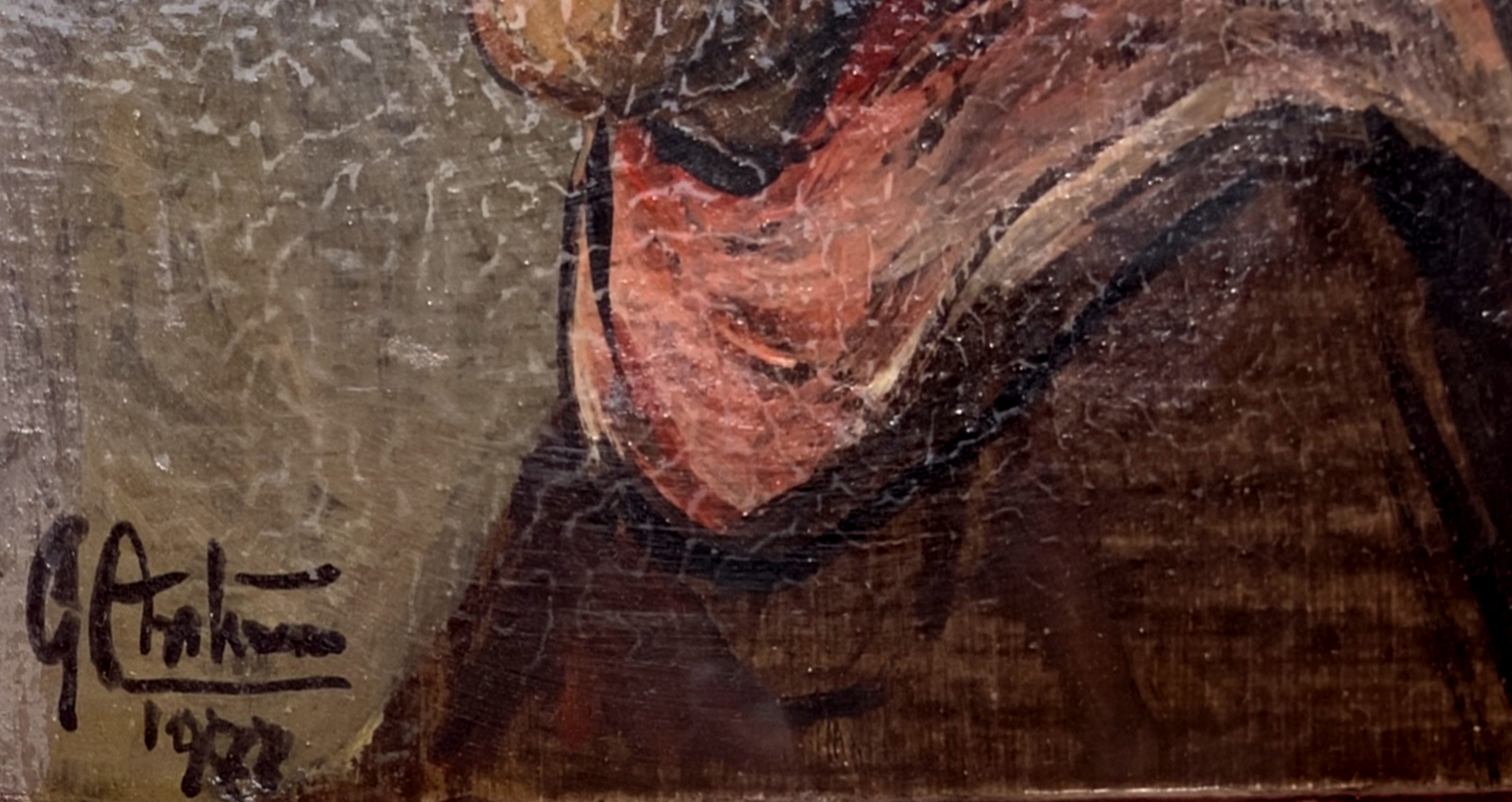 Oil painting on panel depicting a man's face with hat, signed on the lower left and dated 1978. Gian - Image 4 of 4