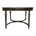 Table center in black ebonized wood, middle drawer, central inlaid surface golden brass, mother of p
