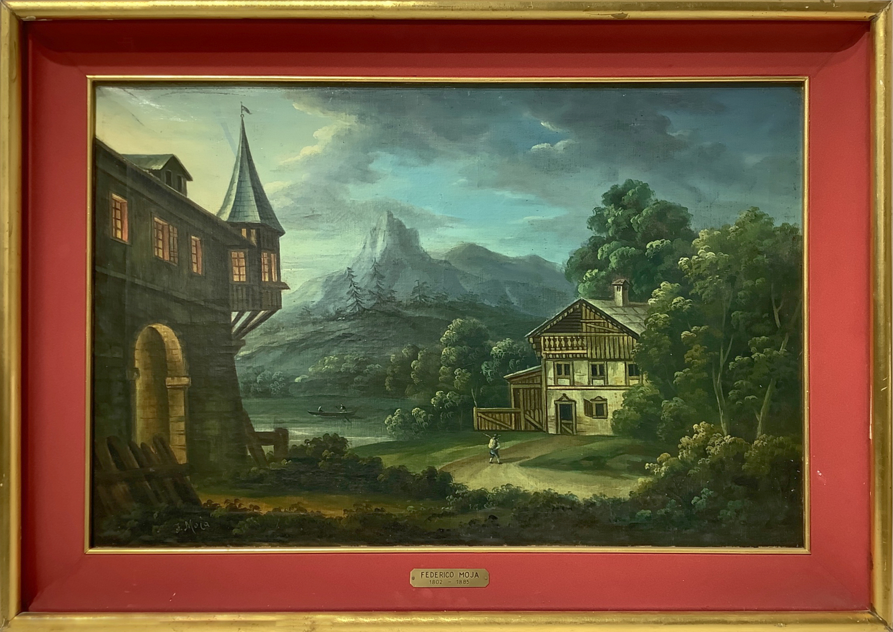 Oil painting on canvas depicting mountain landscape with lake and cottage, Federico Moja (Milano, 20 - Image 2 of 5