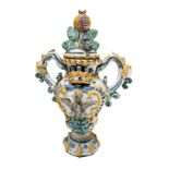 Ewer two-handled earthenware Caltagirone, twentieth century, with outlet pomegranate. Base in white,