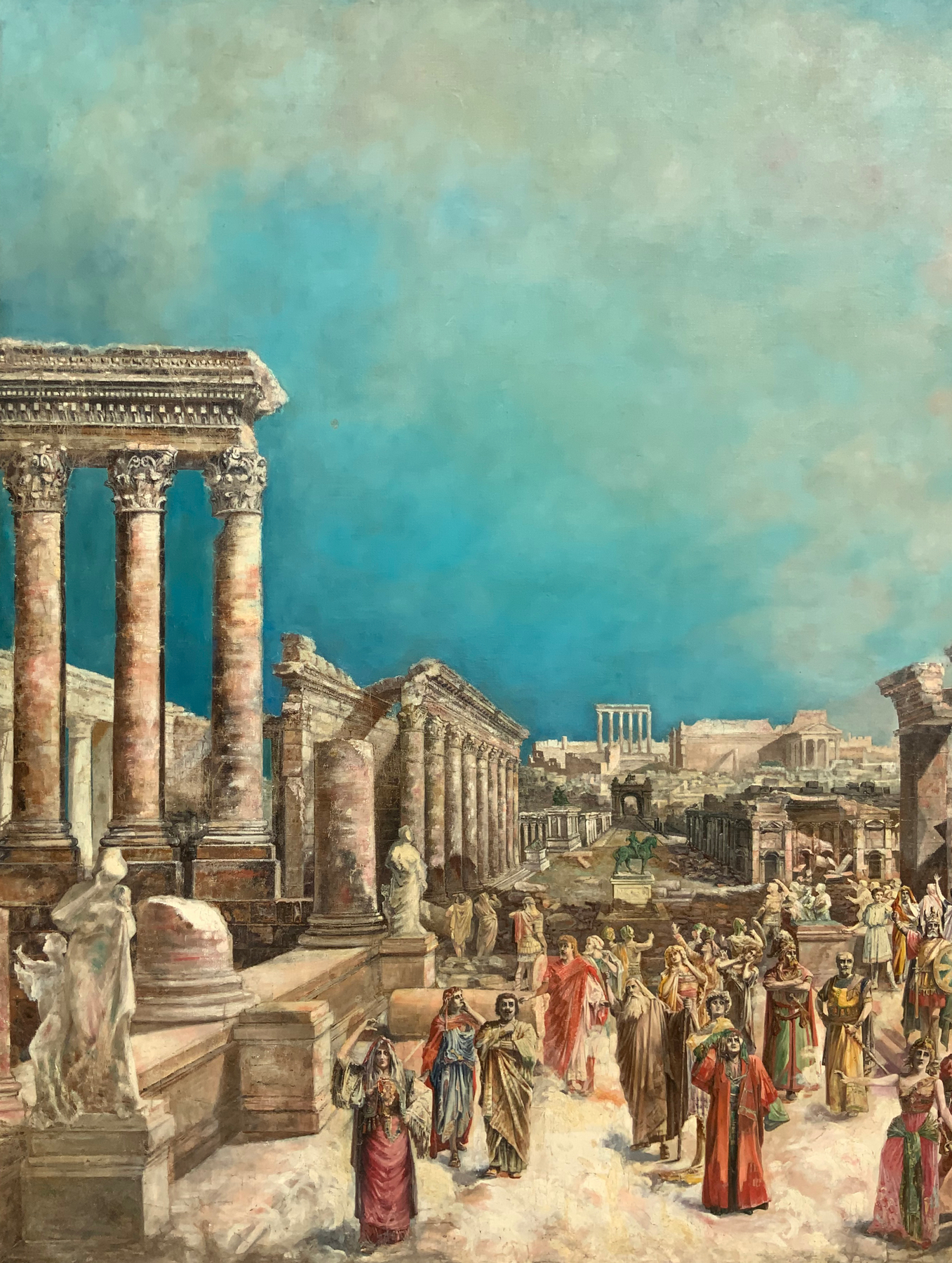 Big an important oil painting on canvas depicting the Roman Forum with characters (Splendor of the R - Image 3 of 8