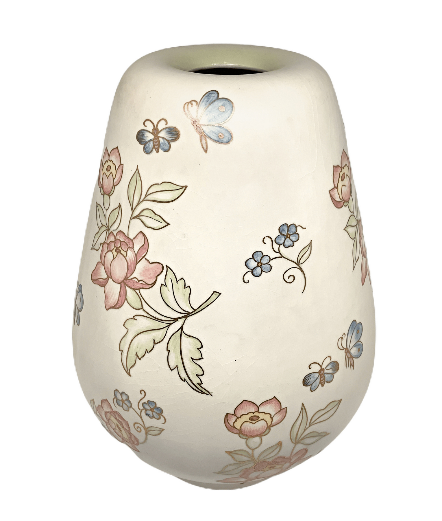 Lenci, white earthenware vase modeled casting painted with flowers and butterflies. Lenci - Turin,