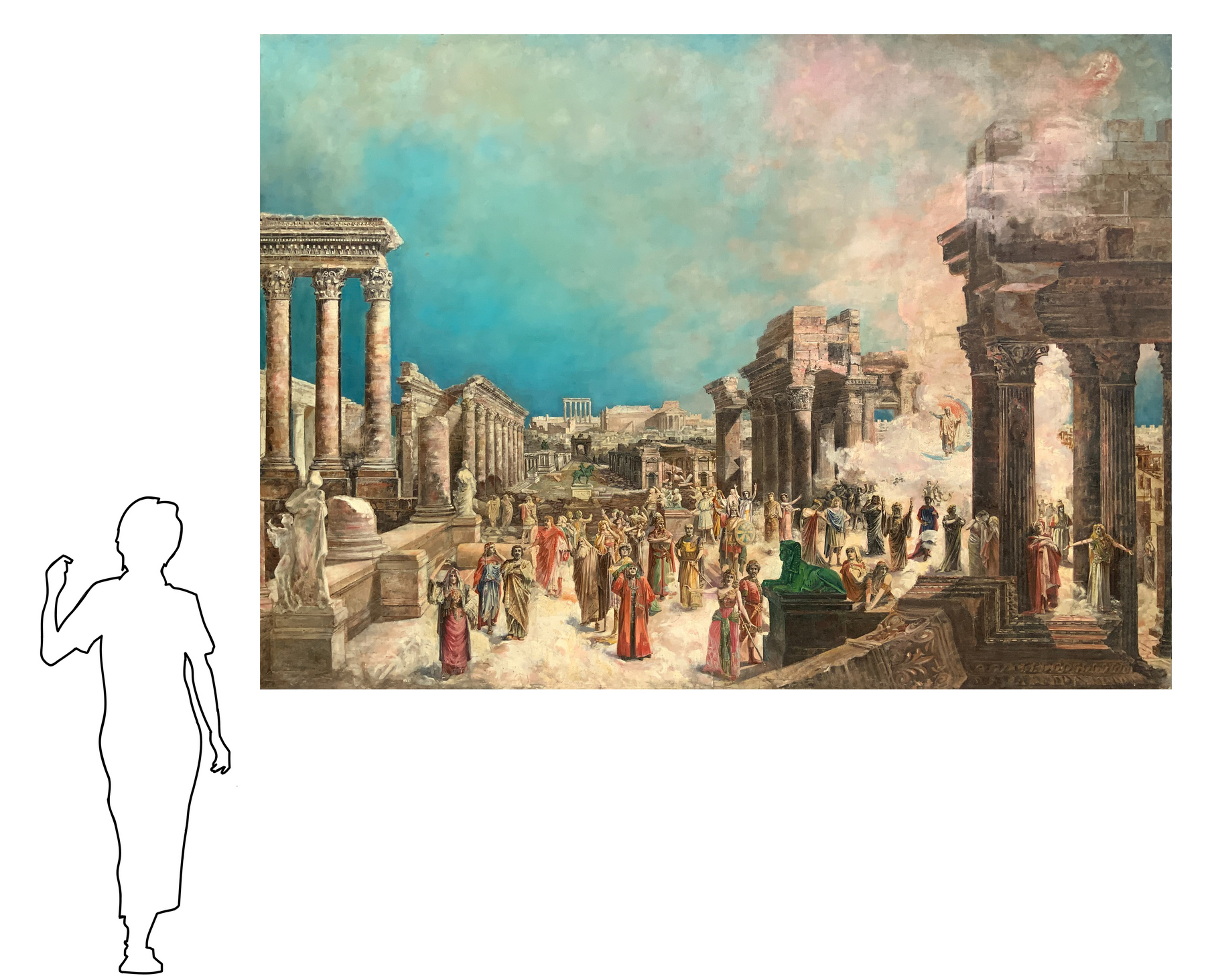 Big an important oil painting on canvas depicting the Roman Forum with characters (Splendor of the R - Image 2 of 8