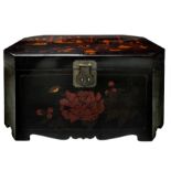 Ancient Chinese travel chest lacquer wooden hand-painted on the front with floral decorations on the