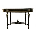 Table in black wood ebonized, center drawer, central inlay brass surface. gilded bronze Applications