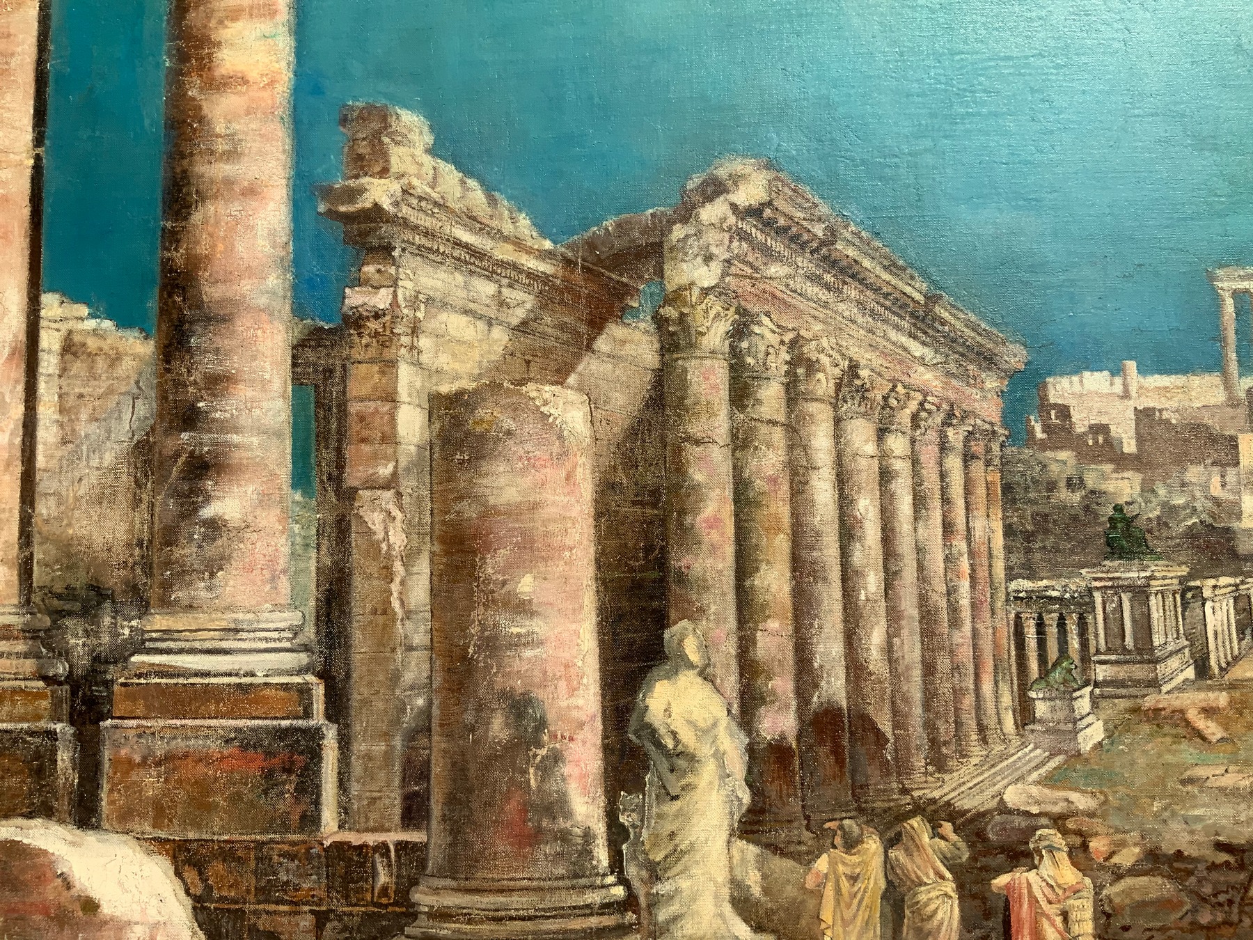 Big an important oil painting on canvas depicting the Roman Forum with characters (Splendor of the R - Image 7 of 8