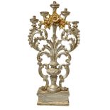 Candlestick in silver and gilded with five candles, figured vase with leaves and flowers. XVIII cent