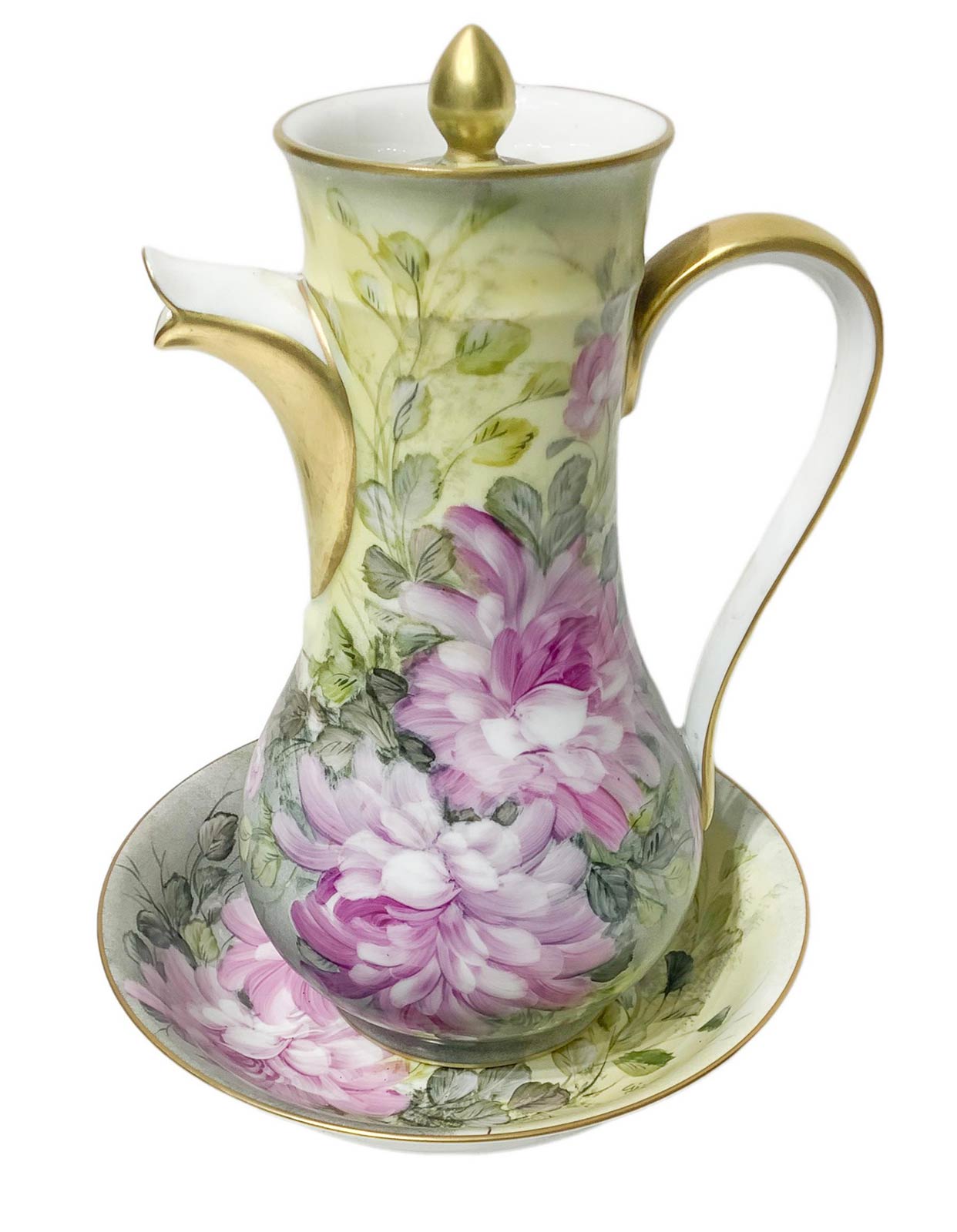 Teapot with hand-painted plate, Giraud Limoges France Signed and dated 1984. In flower style. H 27 c