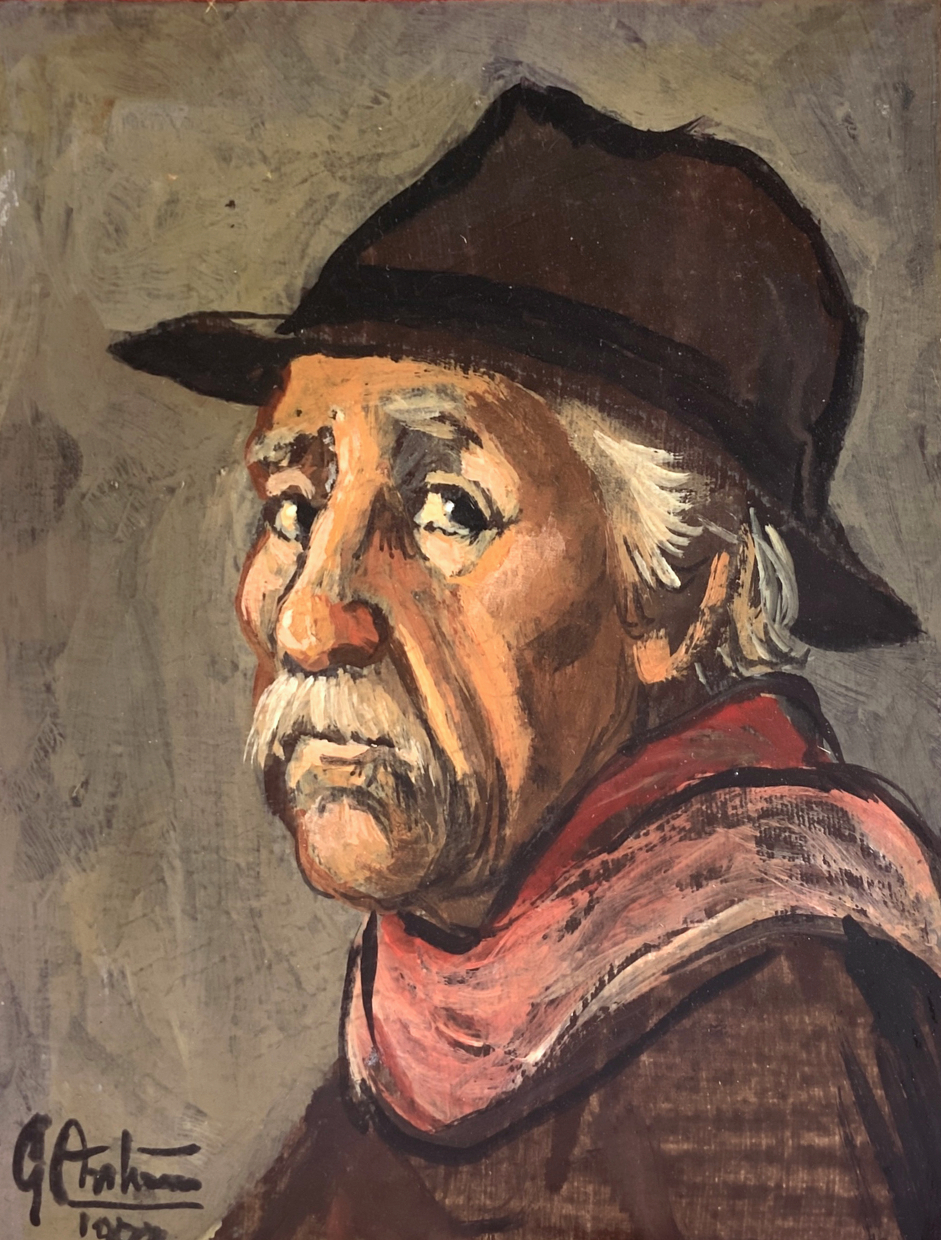 Oil painting on panel depicting a man's face with hat, signed on the lower left and dated 1978. Gian - Image 3 of 4