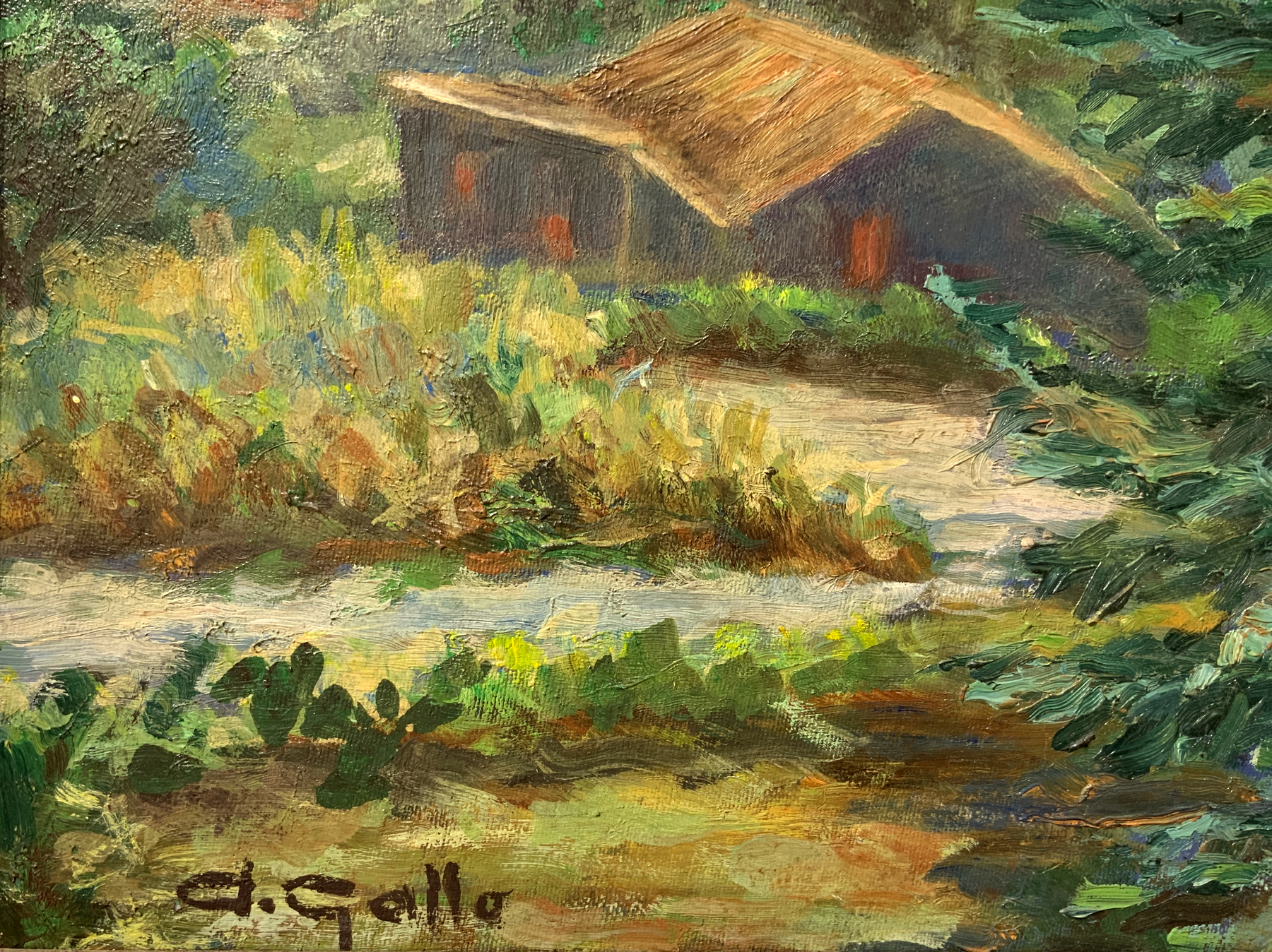 Oil painting on masonite depicting cottage in the woods. signed on the lower left A.Gallo. 29x38 cm, - Image 4 of 4