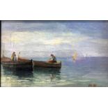 Oil painting on canvas, on wood, depicting seascape with boats, the twentieth century. 18x27 cm, 33x