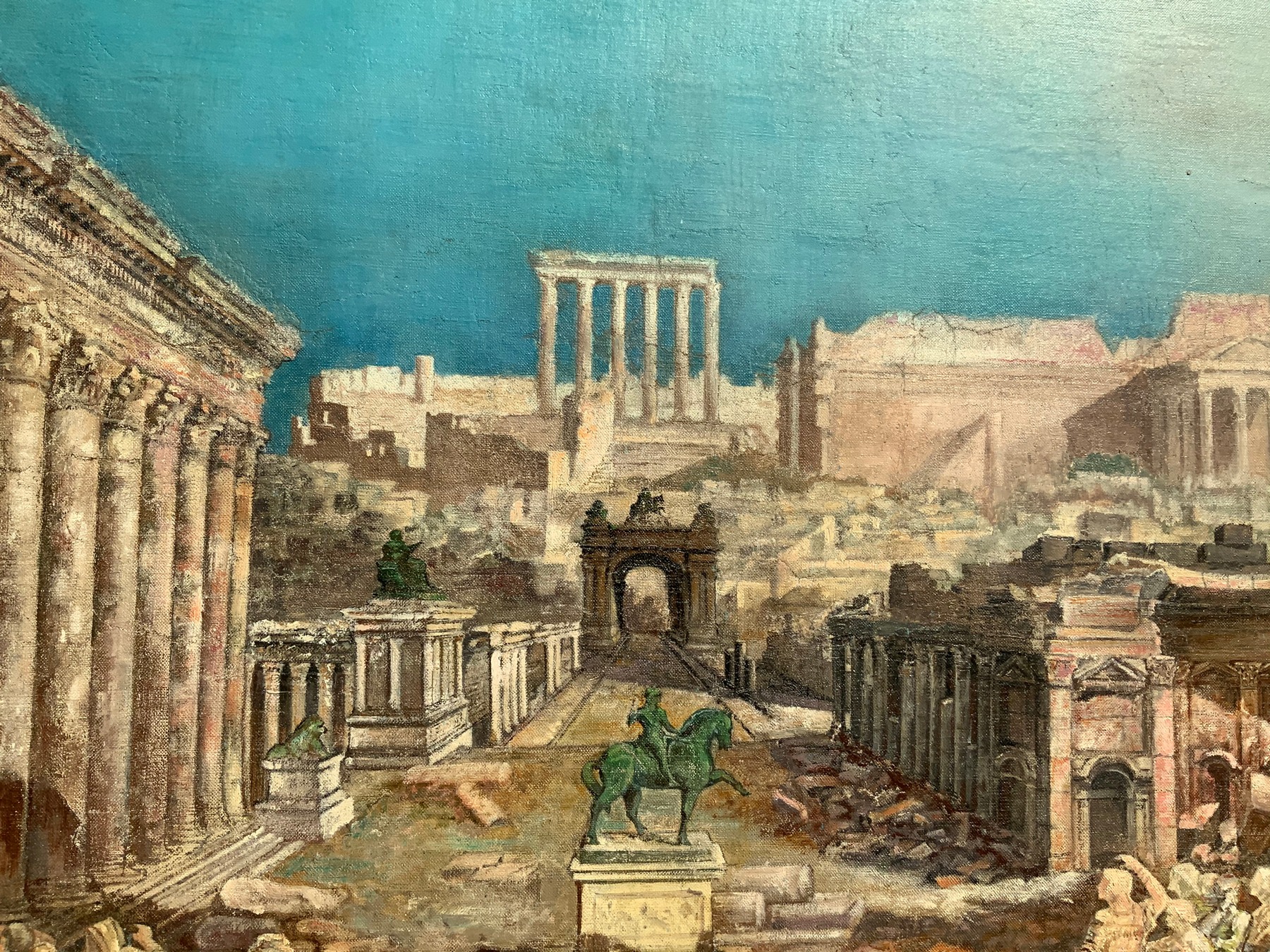 Big an important oil painting on canvas depicting the Roman Forum with characters (Splendor of the R - Image 4 of 8
