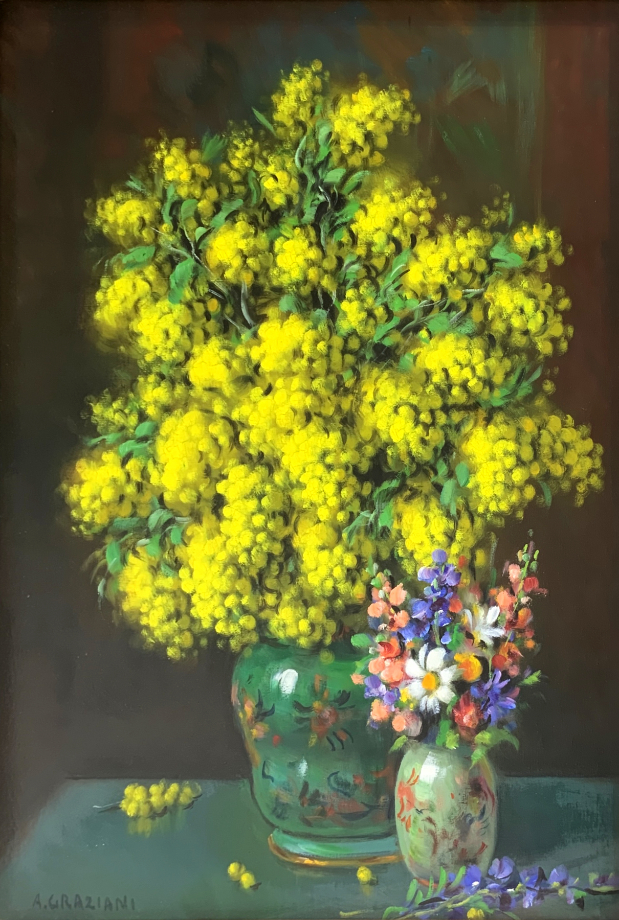 Oil painting on canvas depicting "Mimose with violets", signed on the lower left A. Graziani. Alfio - Image 3 of 5