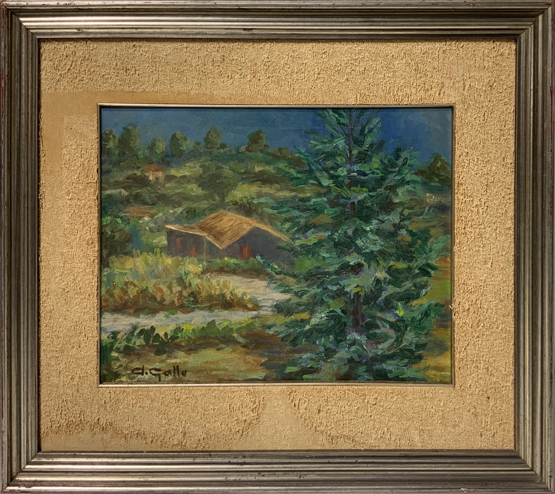 Oil painting on masonite depicting cottage in the woods. signed on the lower left A.Gallo. 29x38 cm, - Image 2 of 4
