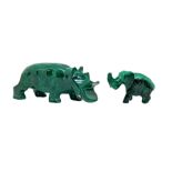 Statuette representing hippopotamus and elephant in malachite. 5x12 cm hippo, elephant cm 4x6,5