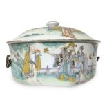 Tureen ceramic with metal handles, China, early twentieth century. Depicting genre scenes and writte