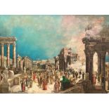 Big an important oil painting on canvas depicting the Roman Forum with characters (Splendor of the R