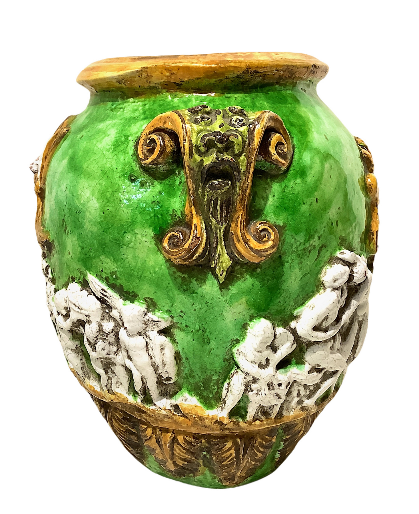 Cachepot in green and yellow tiled with white figures in relief. Caltagirone. XX century. H 45 cm, 2 - Image 2 of 5