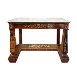 Console rosewood inlays and Perfili in orange wood, central drawer and with marble surface, front le