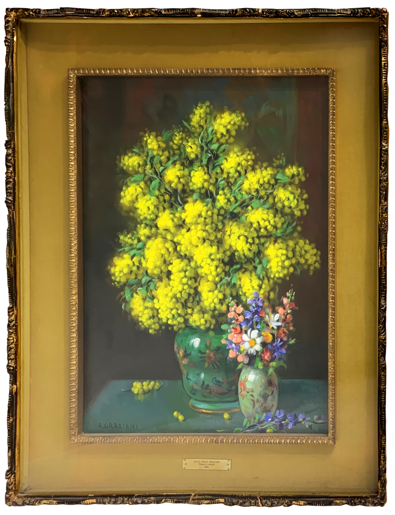 Oil painting on canvas depicting "Mimose with violets", signed on the lower left A. Graziani. Alfio - Image 2 of 5