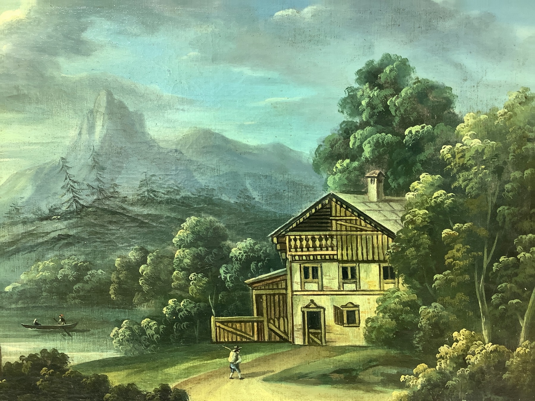 Oil painting on canvas depicting mountain landscape with lake and cottage, Federico Moja (Milano, 20 - Image 3 of 5