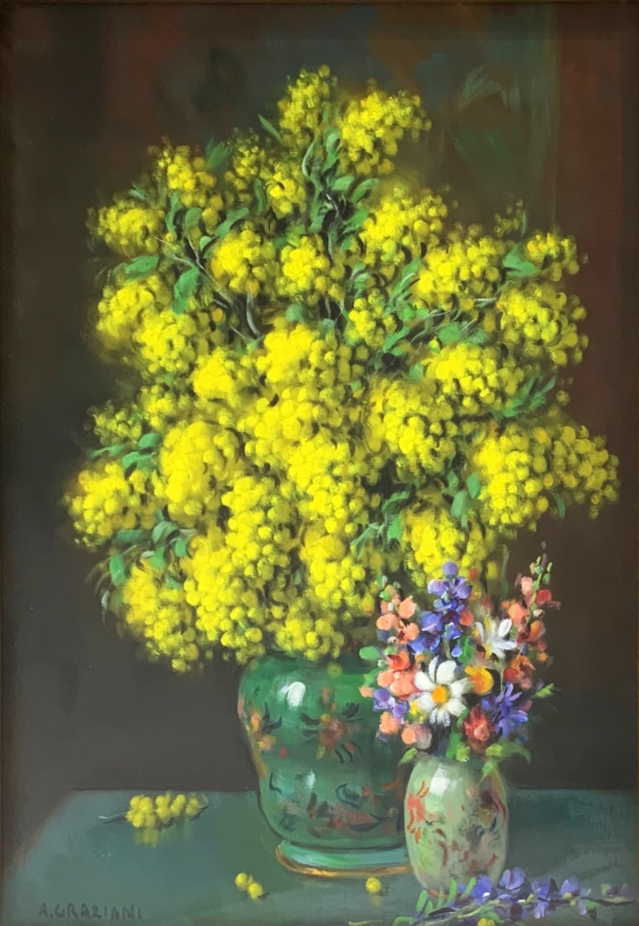 Oil painting on canvas depicting "Mimose with violets", signed on the lower left A. Graziani. Alfio