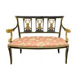 Sofa Napoleon III-style black lacquered wood and gilded details, mid-twentieth century. H cm 93x 125