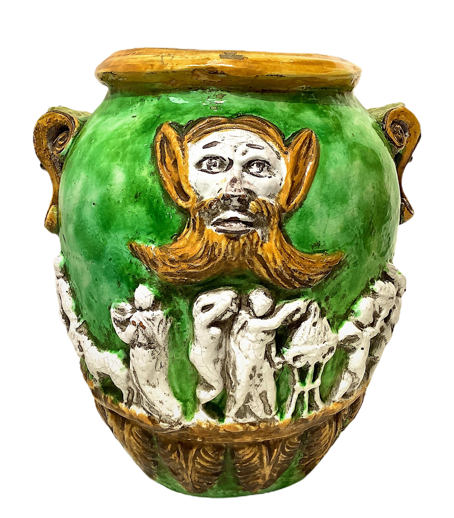 Cachepot in green and yellow tiled with white figures in relief. Caltagirone. XX century. H 45 cm, 2 - Image 3 of 5
