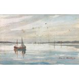 Watercolor depicting seascape with boats, the twentieth century. 10x15 cm, framed 23x28 cm. Signed S