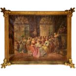 Oil painting on canvas depicting convivial genre scene, signed Mario Siragusa. Cm 162x196. Painting
