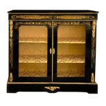 Showcase low ebonized black wood and golden brass inlays and applied bronzes, two doors glass, inter