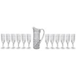 12 goblets set and 1 carafe crystal. H Cm 18, base 6 Cm, Cm Mouth 5. Carafe H 28 Cm, Cm Base 9