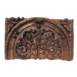 Fragment of walnut wood carved frieze depicting Saintta Barbara with putti and satyrs, XVII / XVIII