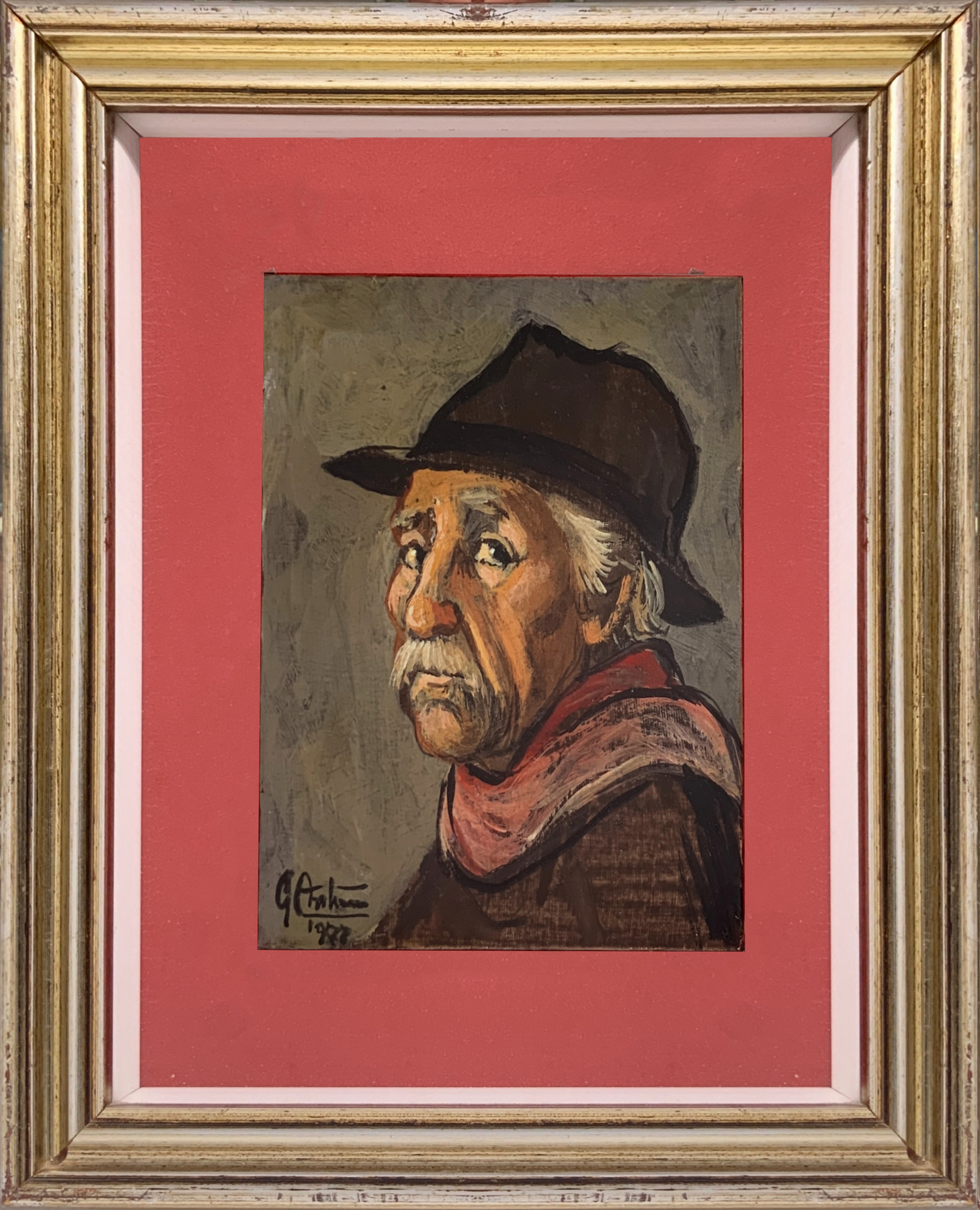Oil painting on panel depicting a man's face with hat, signed on the lower left and dated 1978. Gian - Image 2 of 4