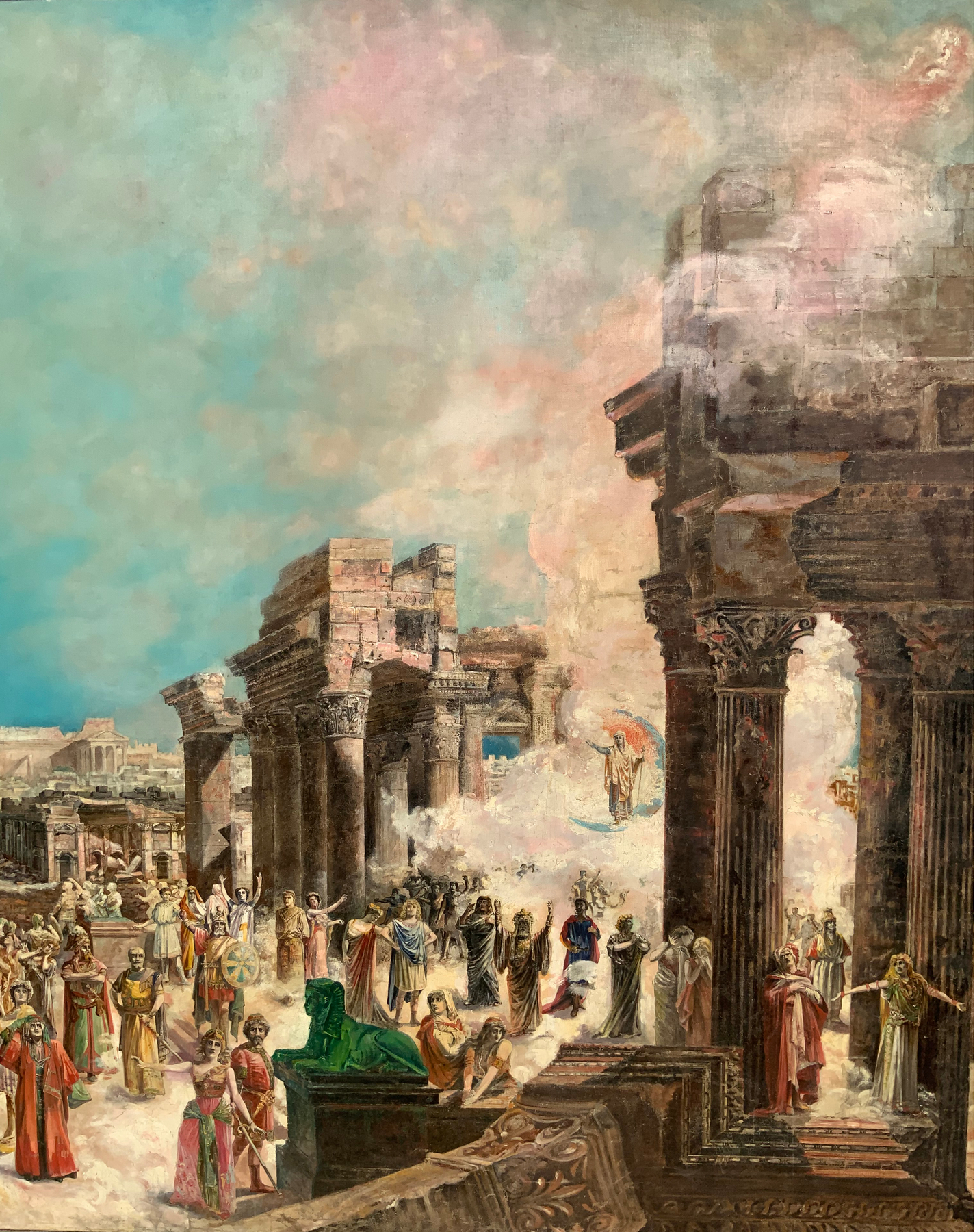 Big an important oil painting on canvas depicting the Roman Forum with characters (Splendor of the R - Image 5 of 8