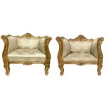 Pair of armchairs in gilted wood, armrests and backrest decorated with carvings broad acanthus leave