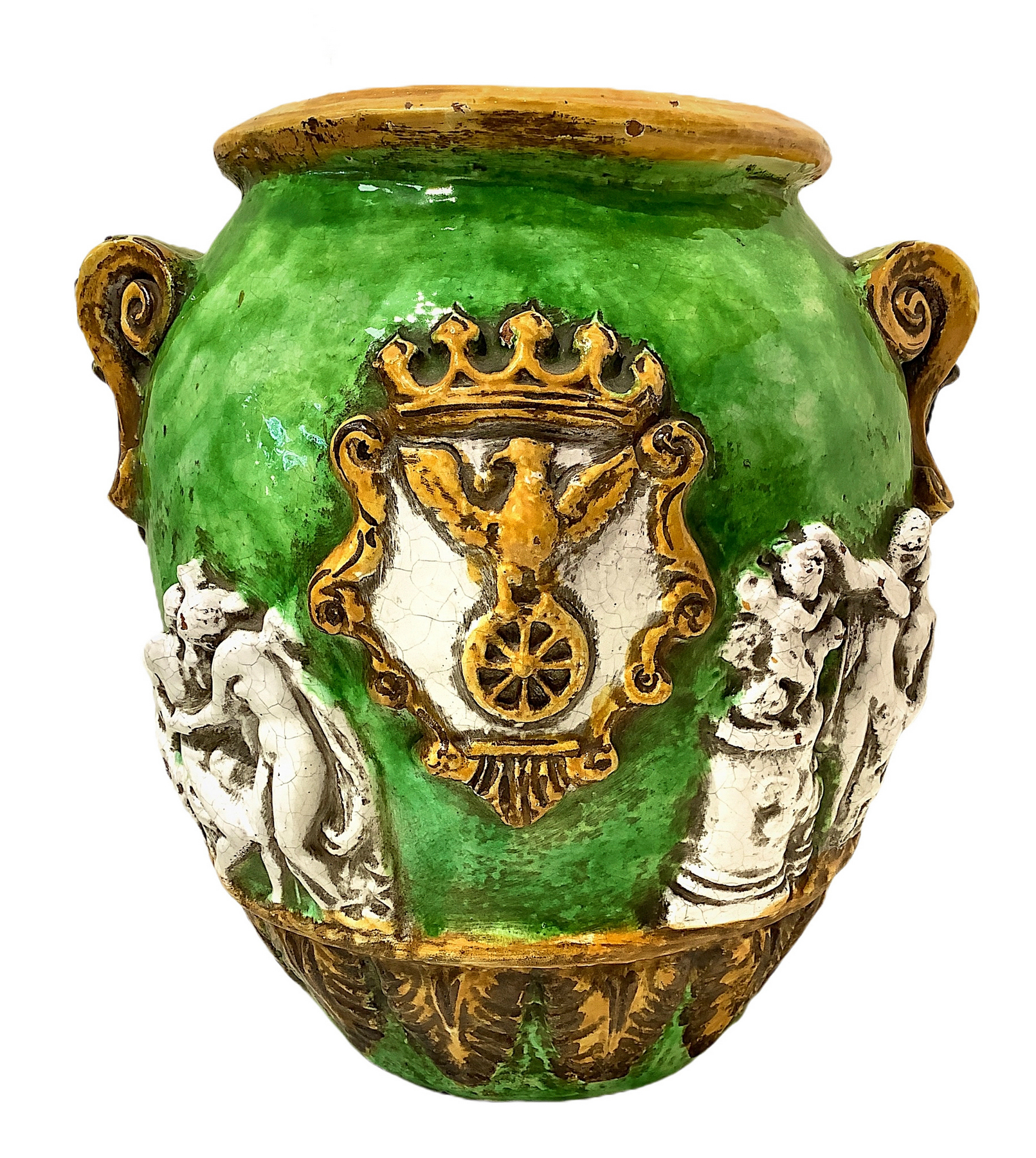 Cachepot in green and yellow tiled with white figures in relief. Caltagirone. XX century. H 45 cm, 2