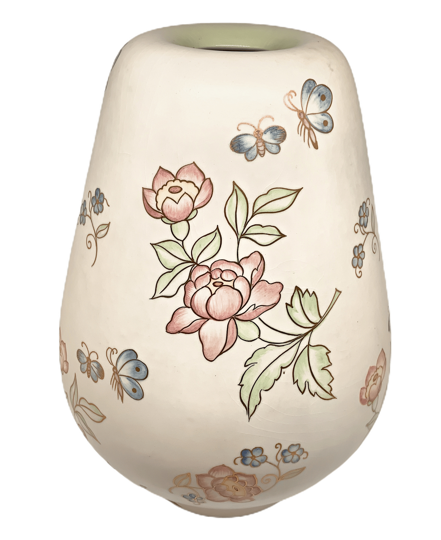 Lenci, white earthenware vase modeled casting painted with flowers and butterflies. Lenci - Turin, - Image 4 of 5