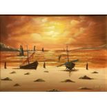 Oil painting on canvas depicting seascape with boats at sunset, signed Bo&euml;ly. 68x48 cm, in fram
