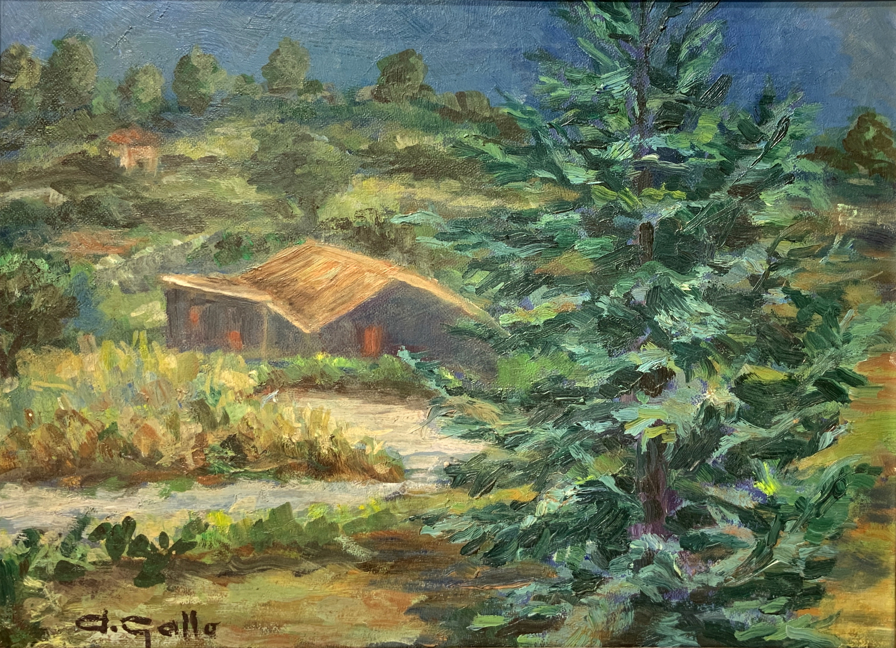 Oil painting on masonite depicting cottage in the woods. signed on the lower left A.Gallo. 29x38 cm,