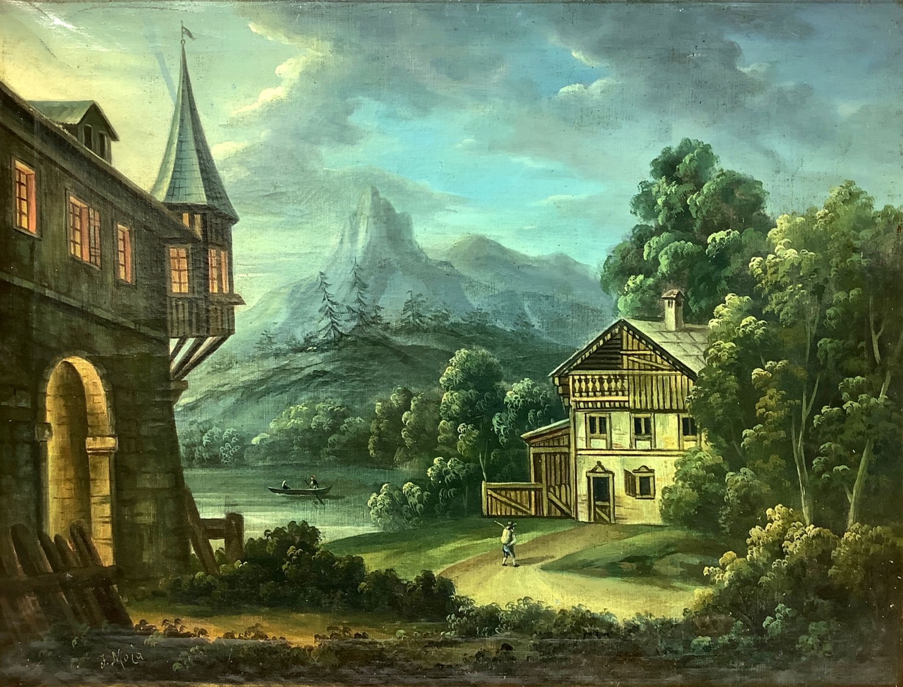 Oil painting on canvas depicting mountain landscape with lake and cottage, Federico Moja (Milano, 20
