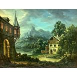Oil painting on canvas depicting mountain landscape with lake and cottage, Federico Moja (Milano, 20