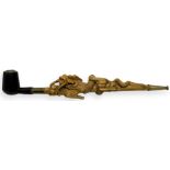 "Pipe with Chinese Dragon" - China. Early '900._x000D_ Monumental pipe in hard wood with gold trim,