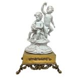 China in white biscuit depicting cherubs Pair of and golden brass base, twentieth century, signed Be