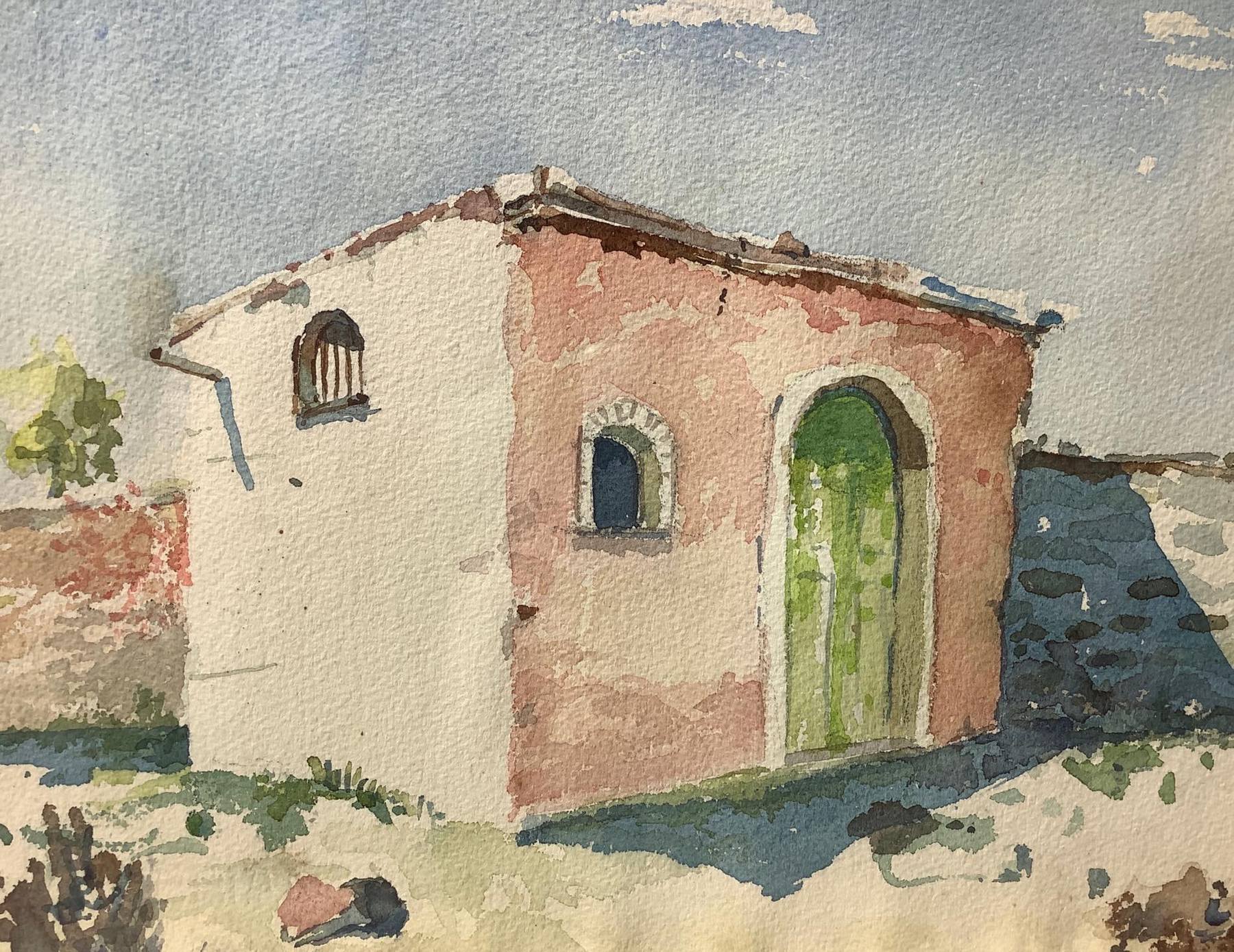 Watercolor on paper depicting Aeolian house. Lily Giachery (England 1907 - Taormina 1994). Cm 29x30,
