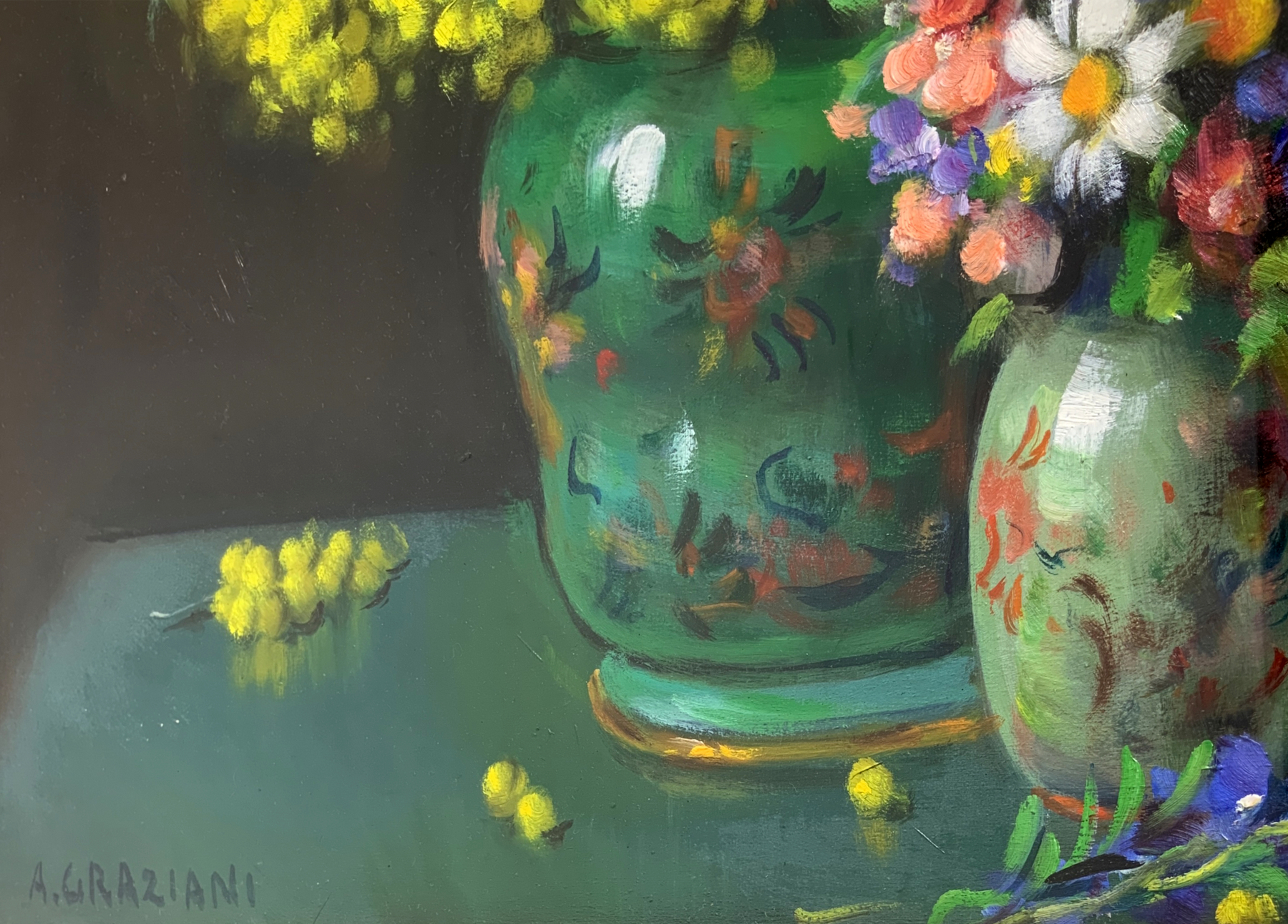 Oil painting on canvas depicting "Mimose with violets", signed on the lower left A. Graziani. Alfio - Image 4 of 5
