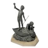 Sculpture in patinated bronze depicting street urchins antimony couple on the boat. XX century. Sign